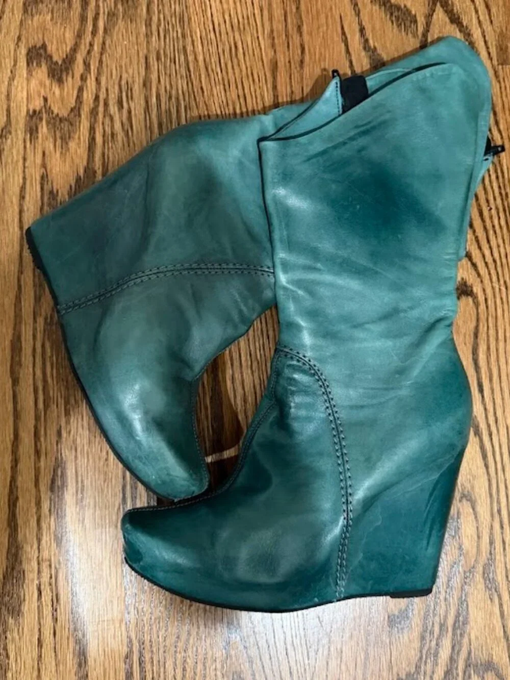 Venezia Teal Wedge Boots Side Zip Slouch Platform Leather EU 37